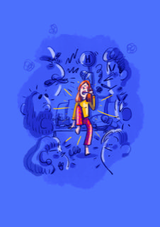 Eine Illustration in lila mit einer Figur in der Mitte zum Theaterstück KRI