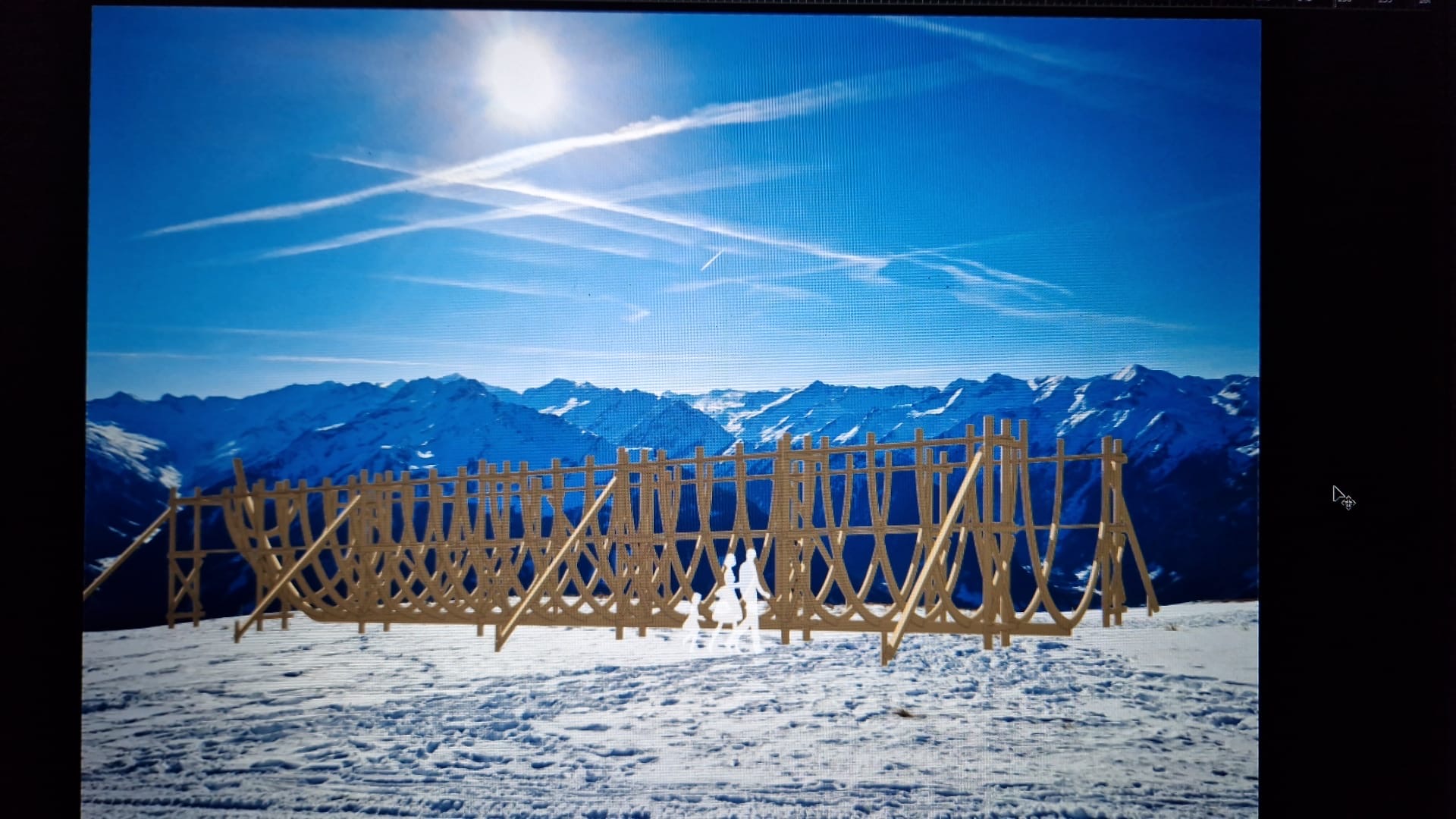 Digitale Montage. Ein Schneehang und ein Holzgerüst darauf, das Gerüst für eine Arche